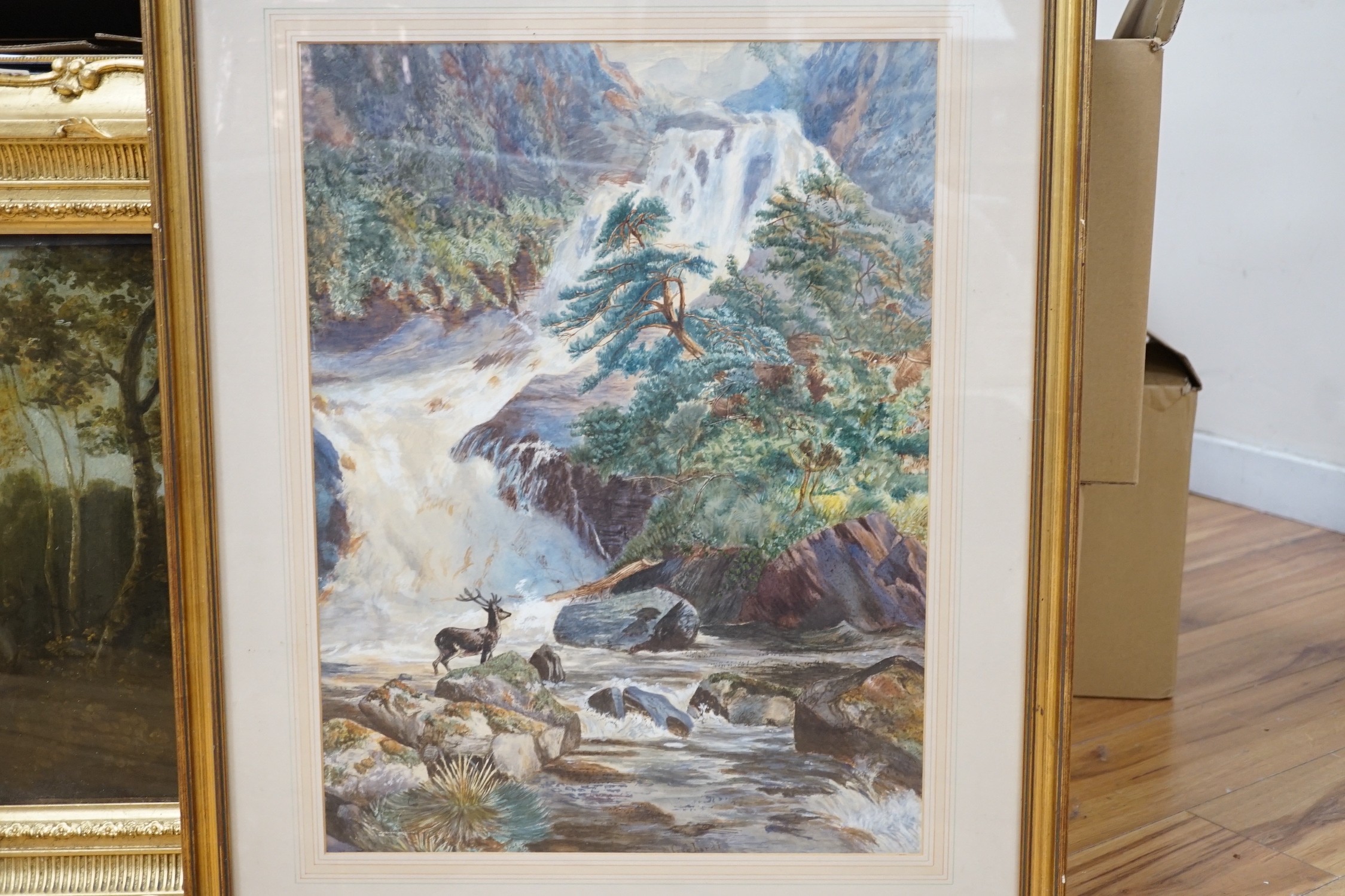 N. Gebherdt, watercolour, Stag beside a waterfall, signed, 57 x 43cm